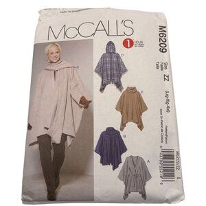 McCalls M6209 Poncho Sewing Pattern Loose-Fitting Hooded & Non-Hooded Options Si